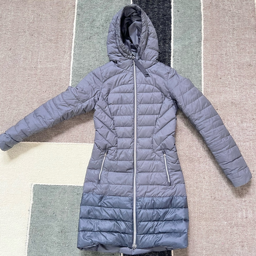 lululemon Small Hooded Long Down Puffer Coat Ombre Charcoal Black Zip Pockets